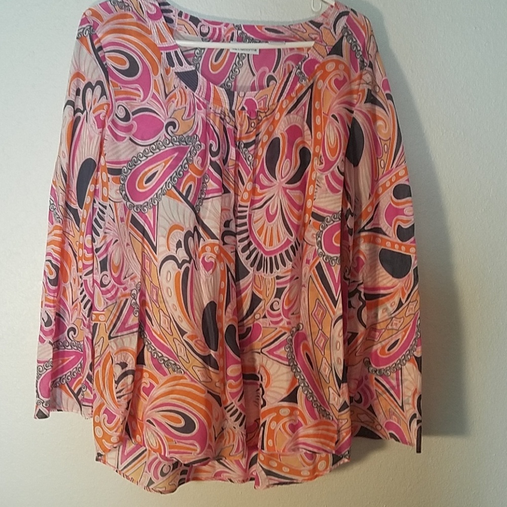 EUC LIZ CLAIBORNE Bohemian Paisley Scoop-Neck Lng-Sleeve Barbiecore Cotton Top
